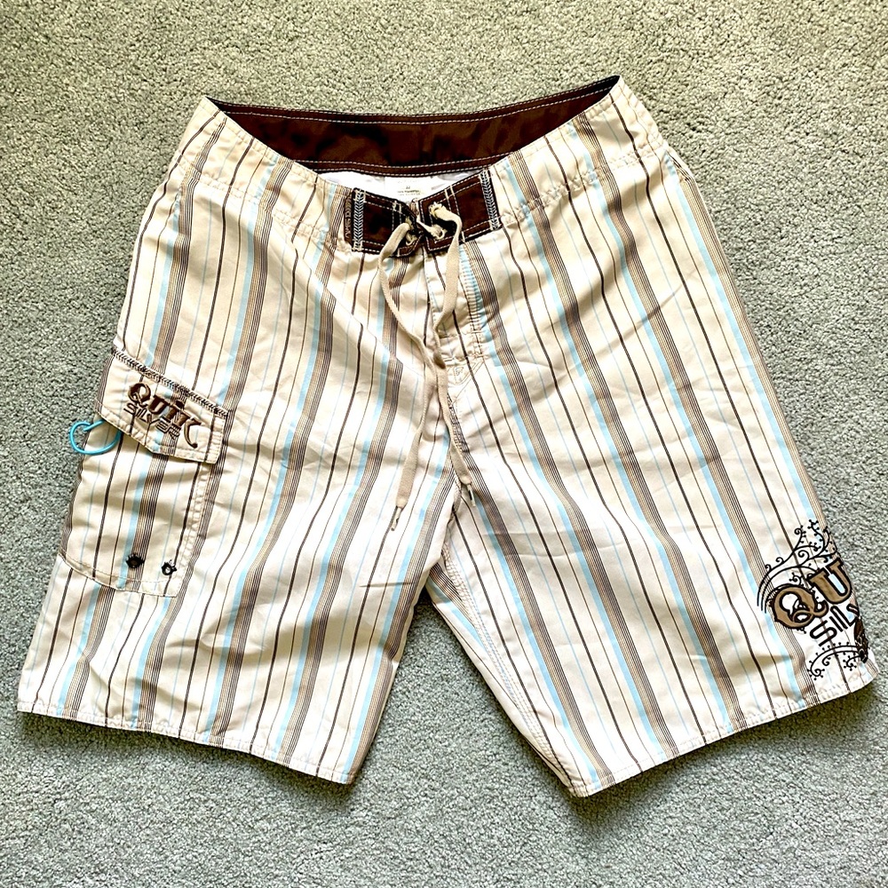Quiksilver Men's Beige and Light Blue Striped Swim Trunks